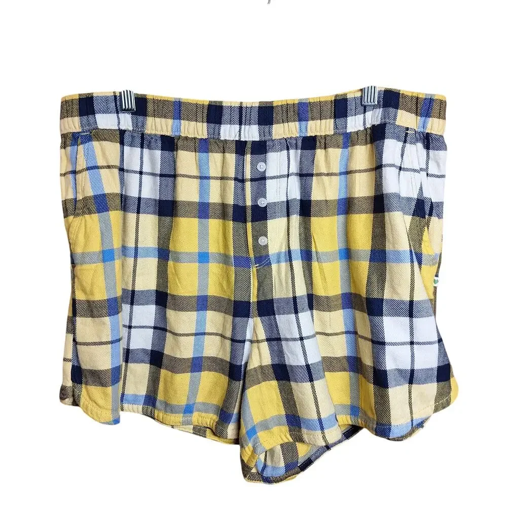 Aerie NEW Plaid women's pajama set yellow blue shorts long sleeve top XL sleep